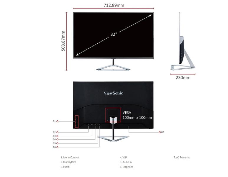 Монитор ViewSonic VX3276-MHD-2, 32" (81.28 cm), IPS панел, Full HD, 75Hz 4ms, 80000000:1, 250cd/m2, DP, HDMI, VGA