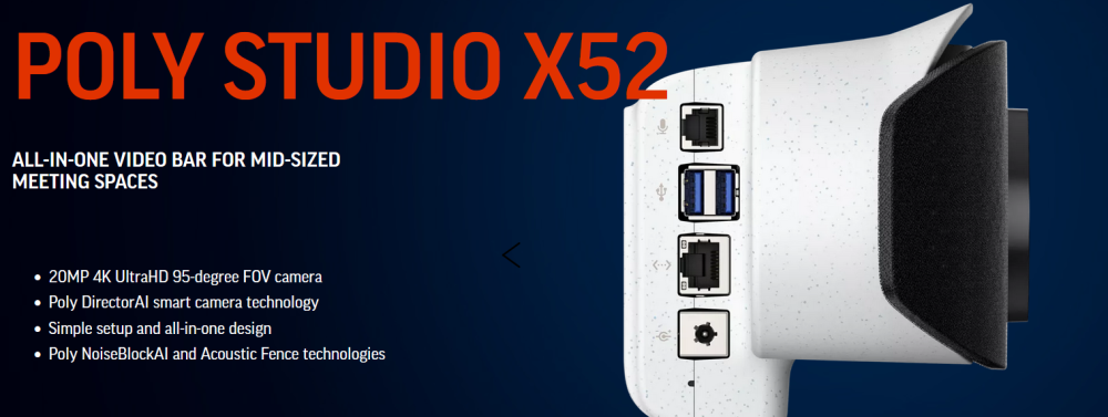 Видеоконферентна система POLY STUDIO X52 TC10 4K Video Conf/Collab/Wireless Pres Sys:Touch Cntrl 4K 5x EPTZ auto-track Cam Codec Stereo