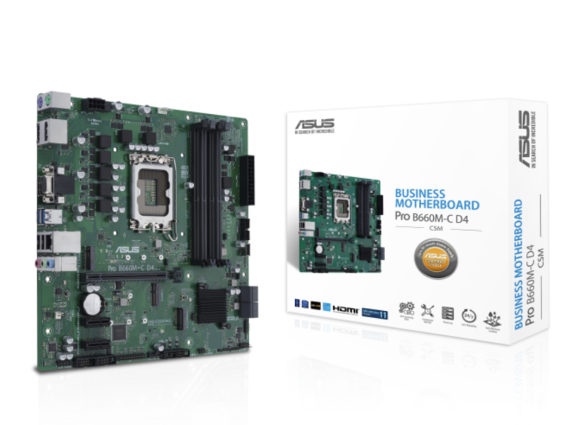 Дънна платка Asus Pro B660M-C D4-CSM, B660, LGA 1700, DDR4, PCI-E 4.0, 4x SATA 6Gb/s, 2x M.2, 2x USB 3.2 Gen 1, VGA, HDMI, DP, mATX