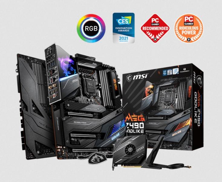 Дънна платка MSI MEG Z490 GODLIKE, Z490, (CrossFire/SLI) LGA1200, DDR4, 3x PCIe 3.0 x16 slots, 1x PCIe 3.0 x1 slot, 6x SATA 6Gb/s, 3x M.2, Wi-Fi 6, Bluetooth, E-ATX