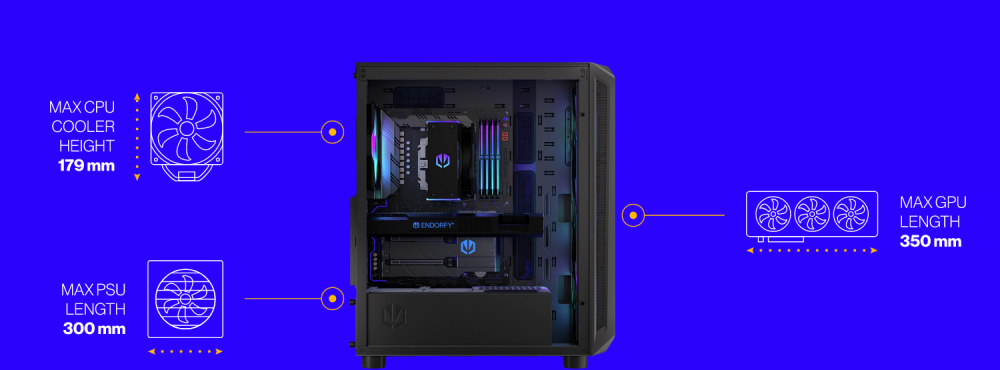 Кутия Endorfy Arx 500 ARGB, Mid-Tower, 2x USB-A (3.1 GEN 1), 1x Audio/1x Mic, ATX/mATX/mITX