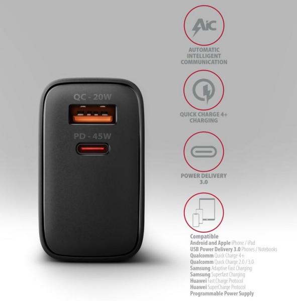 Зарядно AXAGON ACU-PQ45 wall charger QC3.0,4.0/AFC/FCP/PPS/Apple + PD type-C, 45W, black