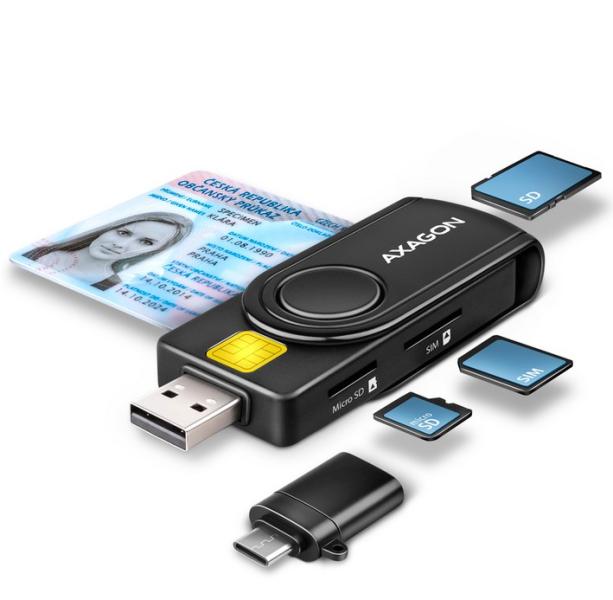 Четец за карти AXAGON CRE-SMP2A, USB-A/USB-C 2.0, ID card/Smart card/SD/SDHC/SDXC/MicroSDHC/microSDXC/SIM card reader