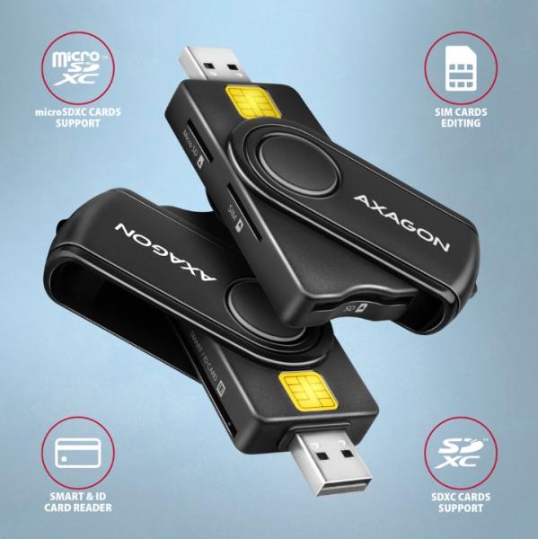 Четец за карти AXAGON CRE-SMP2A, USB-A/USB-C 2.0, ID card/Smart card/SD/SDHC/SDXC/MicroSDHC/microSDXC/SIM card reader
