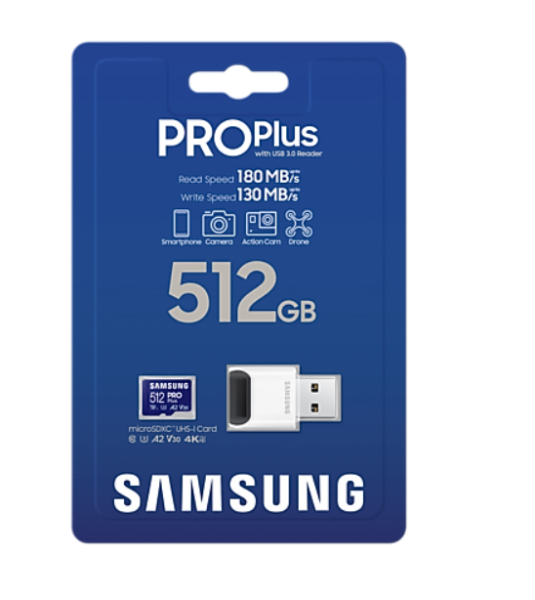 Карта памет Samsung PRO Plus, microSDXC, UHS-I, 512GB, Адаптер, USB четец