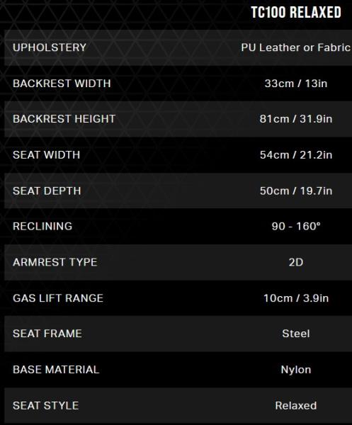 Геймърски стол CORSAIR TC100 RELAXED Gaming Chair, Leatherette - Black