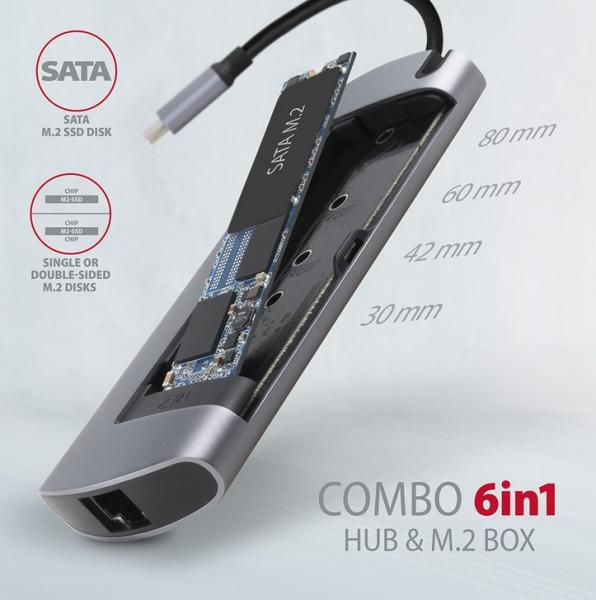 Мултипортов адаптер Axagon HMC-6M2, 1x USB-C вход, 1x HDMI, 1x USB-C, 2x USB-A 3.1, 1x RJ-45, 1x SATA M.2 (2280)