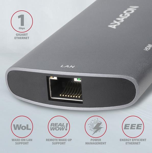 Мултипортов адаптер Axagon HMC-6M2, 1x USB-C вход, 1x HDMI, 1x USB-C, 2x USB-A 3.1, 1x RJ-45, 1x SATA M.2 (2280)