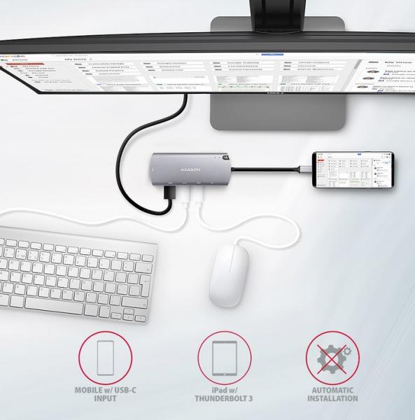 Мултипортов адаптер Axagon HMC-6M2, 1x USB-C вход, 1x HDMI, 1x USB-C, 2x USB-A 3.1, 1x RJ-45, 1x SATA M.2 (2280)