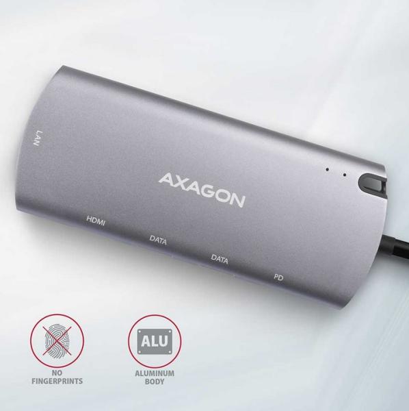 Мултипортов адаптер Axagon HMC-6M2, 1x USB-C вход, 1x HDMI, 1x USB-C, 2x USB-A 3.1, 1x RJ-45, 1x SATA M.2 (2280)