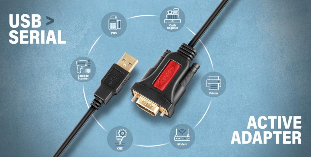 Кабел Axagon Active USB-A 2.0 към RS 232 