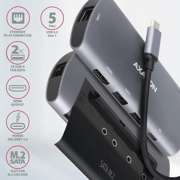 Мултипортов адаптер Axagon HMC-6GM2, USB-C 10Gbps hub. NVMe/SATA M.2, HDMI, card reader and Power Delivery. Cable USB-C 20 cm.