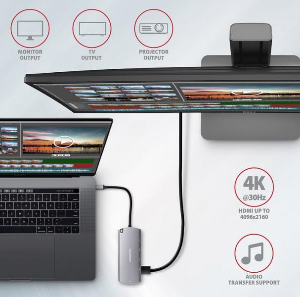 Мултипортов адаптер Axagon HMC-6GM2, USB-C 10Gbps hub. NVMe/SATA M.2, HDMI, card reader and Power Delivery. Cable USB-C 20 cm.