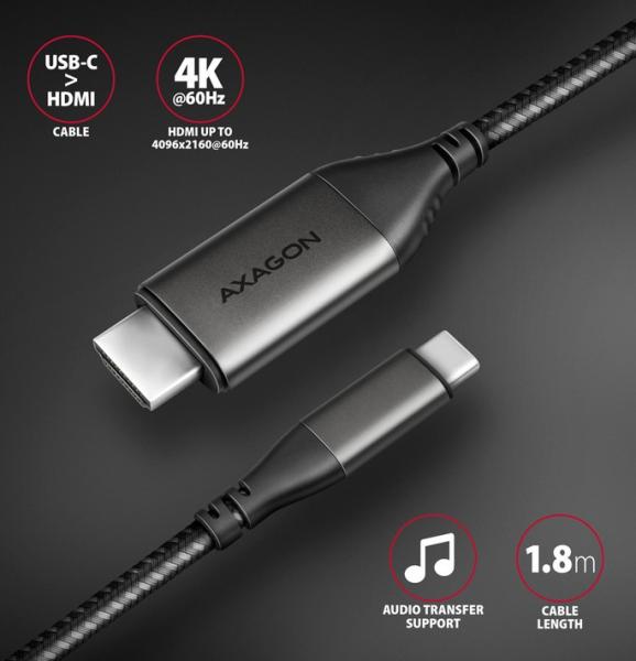 Кабел AXAGON RVC-HI2MC, USB Type-C към HDMI 2.0, 4K/60Hz Aluminum, 1,8m