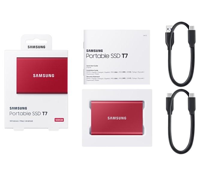 Samsung Portable SSD T7 500GB, Read 1050 MB/s Write 1000 MB/s, Metallic Red, USB 3.2 Gen.2 (10Gbps)