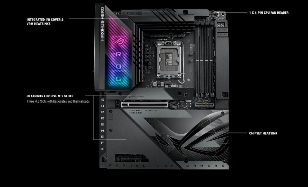 Дънна платка ASUS ROG MAXIMUS Z790 HERO BTF, LGA1700, 4x DDR5 5x M.2, 4x SATA, PCIe 5.0, 2x Thunderbolt, HDMI, ATX