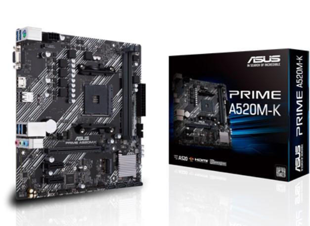 Дънна платка Asus PRIME A520M-K, A520, AM4, PCI-E 3.0, 4x SATA 6Gb/s, 1x M.2, 4x USB 3.2 Gen 1, VGA, HDMI, mATX