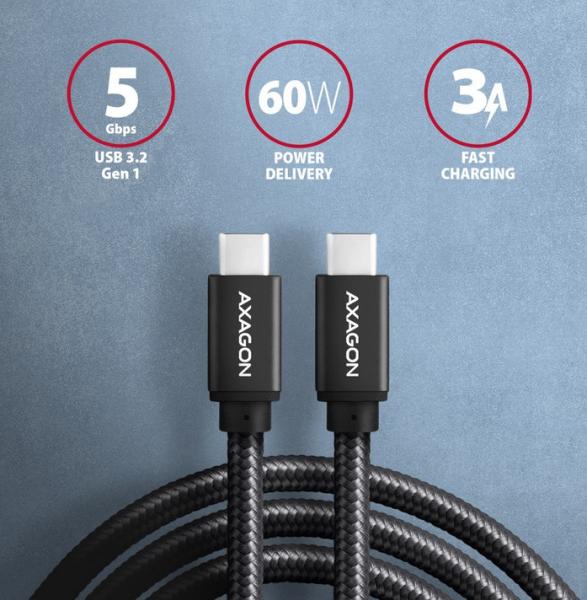 Кабел Axagon Data and charging, USB Type-C към  USB Type-C 3.2 Gen 2, 2 m. PD 60W, 3A