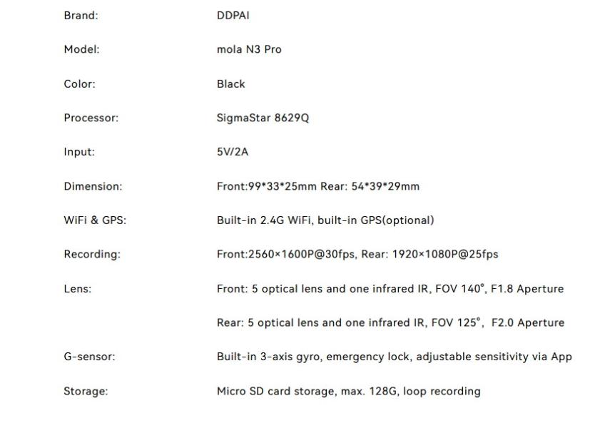 DDPAI Видеорегистратор Dash Cam Set Mola N3 PRO GPS, 2K, 5 MP, WiFi, Черен 