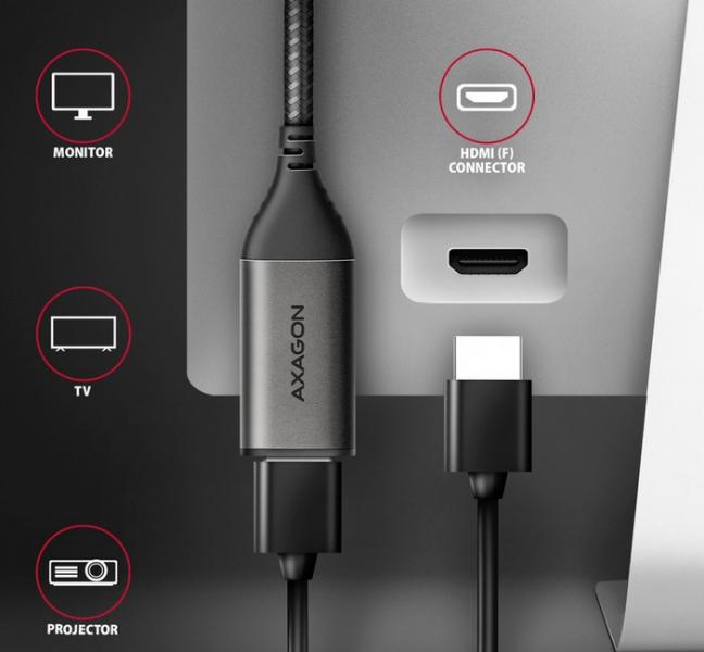 Кабел AXAGON RVC-HI2M, USB Type-C към HDMI 2.0 adapter 4K/60Hz Aluminum, 25 cm