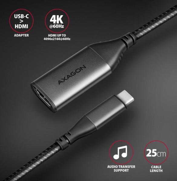 Кабел AXAGON RVC-HI2M, USB Type-C към HDMI 2.0 adapter 4K/60Hz Aluminum, 25 cm