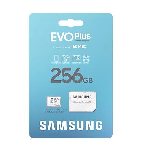 Карта памет Samsung EVO PLUS 256GB micro SD Card EVO Plus with Adapter, Class10 U3, V30, A2, UHS-I U3 Full HD and 4K UHD 160 MB/s read