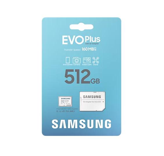 Карта памет Samsung EVO PLUS 512GB micro SD Card EVO Plus with Adapter, Class10 U3, V30, A2, UHS-I U3 Full HD and 4K UHD 160 MB/s read