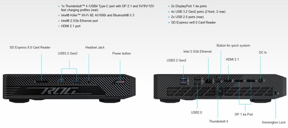 Kомпютър ASUS ROG NUC RNUC14SRKU7168A2I, Intel Core Ultra 7 155H (1.4/4.8GHz, 24MB Cache), NVIDIA GeForce RTX 4060, 16GB (2X8) DDR5, 512GB, EU Cord, Windows 11 Home