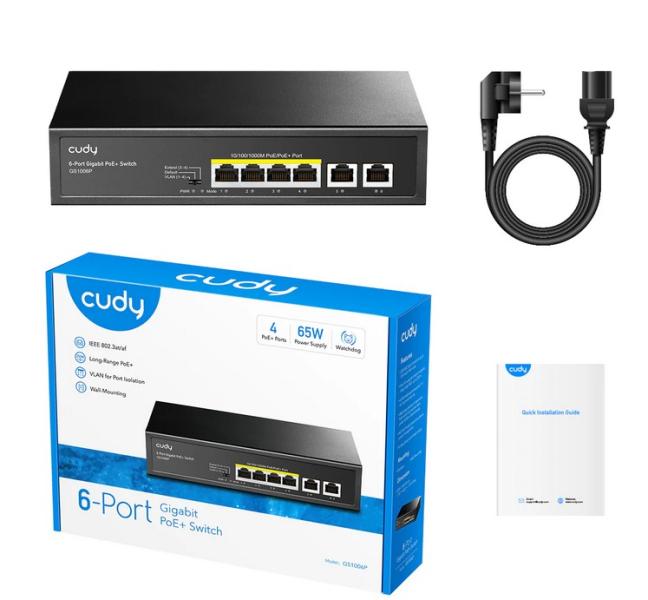 Суич Cudy GS1006P, 6 x портов, 2x 10/100/1000Mbps RJ45, 4x 10/100/1000Mbps RJ45 PoE, 65W