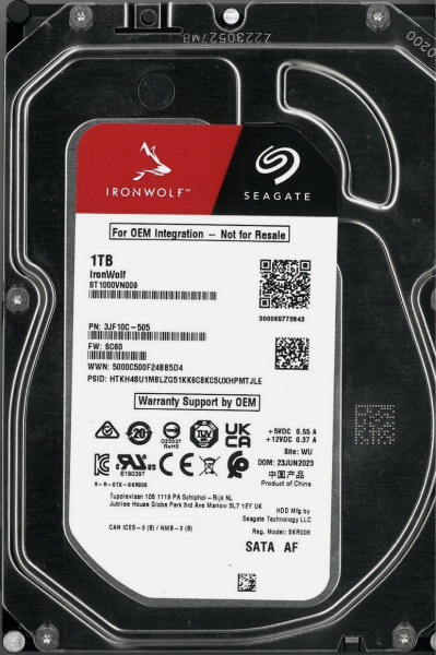 Твърд диск Seagate IronWolf NAS 1TB, SATA 6Gb/s, 5400 rpm, 256MB кеш, 3.5" (8.89 cm), Bulk