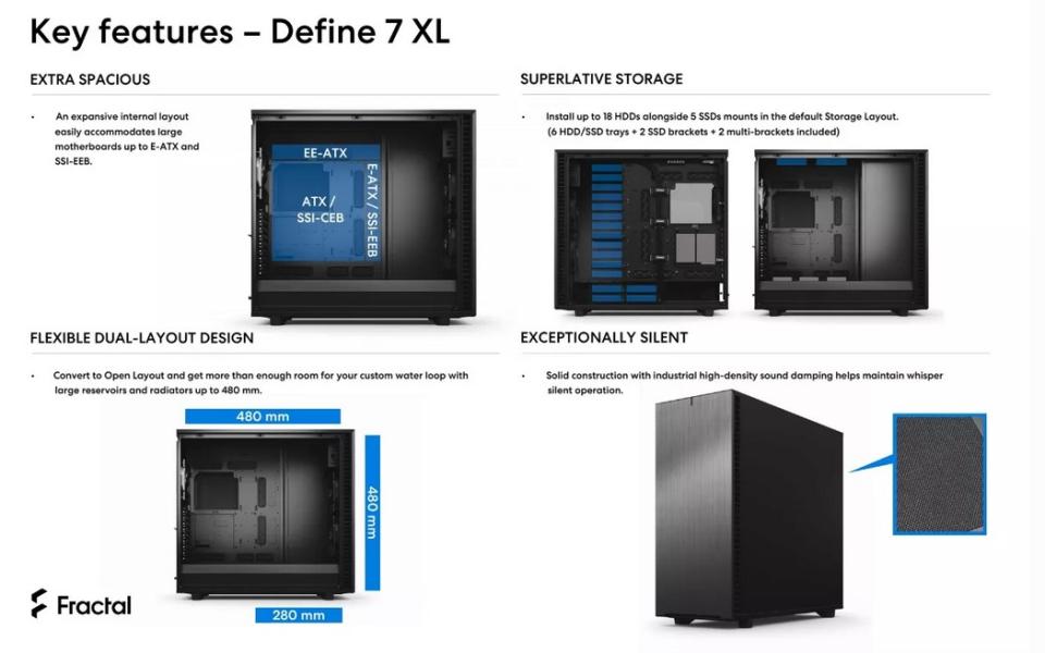 Кутия Fractal Design Define 7 XL Solid Black, Mid-Tower, 1 x USB 3.2 Type-C, 2 x USB 3.0, 2 x USB 2.0, E-ATX/ATX/mATX/mITX/EE-ATX/SSI-CEB/SSI-EEB