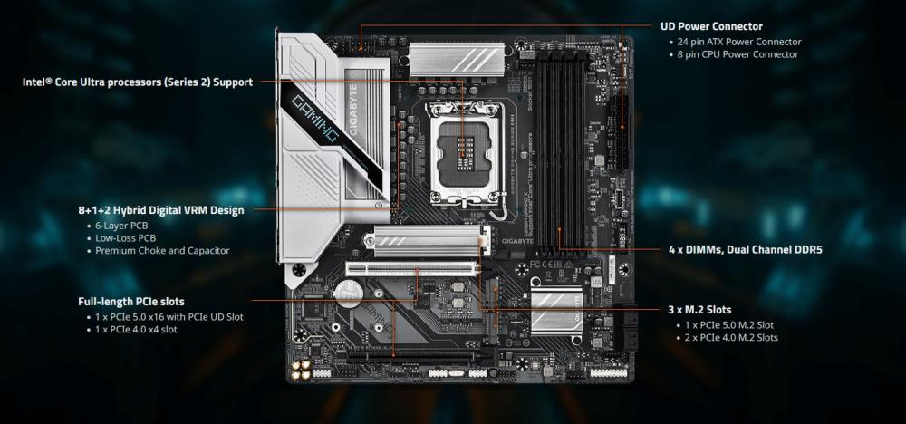 Дънна платка GIGABYTE Z890M GAMING X, LGA1851, 4 x DDR5, 3 x M.2, 4 x SATA 6Gb/s, HDMI, DP, mATX