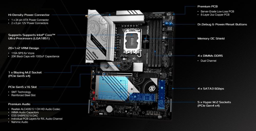 Дънна платка ASROCK Z890 Taichi Lite, LGA1851, PCIe 5.0, 4 x DDR5, 1 x Blazing M.2 NVMe, 4 x Hyper M.2 NVMe, 4 x SATA3 6.0 Gb/s, Wi-Fi 7, Bluetooth 5.4, HDMI, ATX