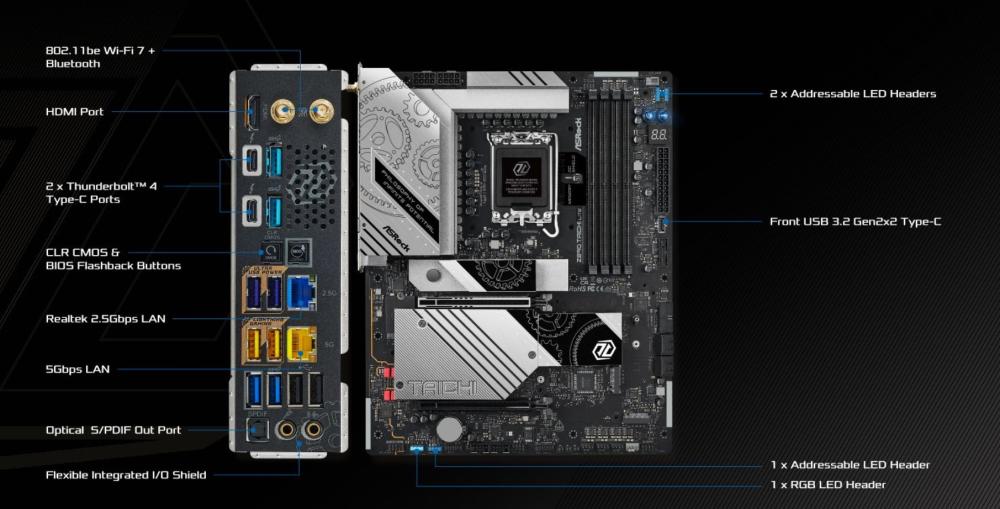 Дънна платка ASROCK Z890 Taichi Lite, LGA1851, PCIe 5.0, 4 x DDR5, 1 x Blazing M.2 NVMe, 4 x Hyper M.2 NVMe, 4 x SATA3 6.0 Gb/s, Wi-Fi 7, Bluetooth 5.4, HDMI, ATX