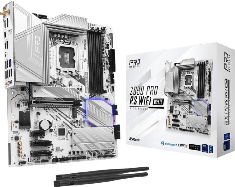 Дънна платка ASRock Z890 Pro RS WiFi White, LGA1851, 4 x DDR5, PCIe 5.0, 1 x Blazing M.2 NVMe, 3 x Hyper M.2 NVMe, 4 x SATA3 6.0 Gb/s, Wi-Fi 6E, Bluetooth 5.3, HDMI, ATX