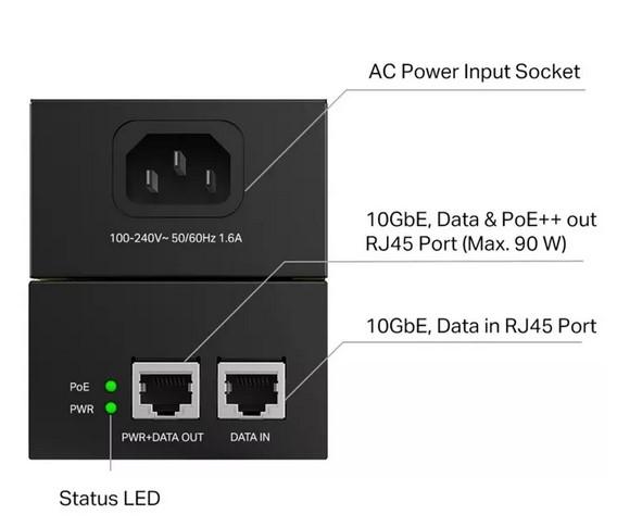 PoE инжектор TP-Link Omada POE380S, 10000 Mbps, 2x LAN (RJ-45), 1x LAN PoE++, 90W