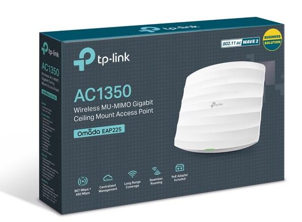 Точка за достъп TP-Link EAP225 AC1350 Wireless MU-MIMO, 2.4GHz (450Mbps) / 5GHz (867Mbps), 1x Gigabit Ethernet port (10/100/1000 Mbps), 3x вътрешни антени