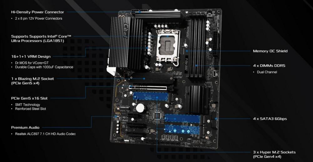 Дънна платка ASRock Z890 Pro-A, LGA1851, 4 x DDR5, PCIe 5.0, 1 x Blazing M.2 NVMe, 3 x Hyper M.2 NVMe, 4 x SATA3 6.0 Gb/s, HDMI, DP, ATX