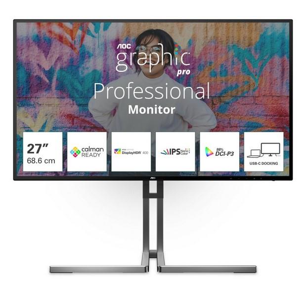 Монитор AOC U27U3CV, 27" (68.58cm) IPS WLED, 4К/UHD, 60Hz, 4ms, 350cd/m2, USB, USB-C, LAN, HDMI, DP