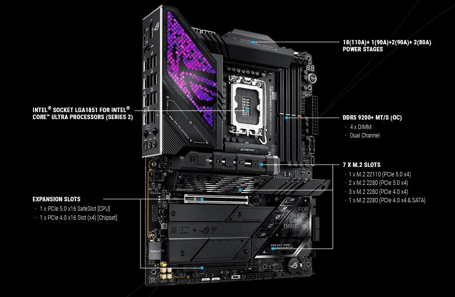 Дънна платка Asus ROG Strix Z890-E Gaming WIFI, Z890, LGA1851, DDR5, PCI-E 5.0, 4 x SATA 6Gb/s, 7 x M.2 Slots, 7 x USB 3.2 Gen 2 pe-A, 2 x Thunderbolt 4, 5GbE LAN, Wi-Fi 7, Bluetooth 5.4, HDMI, DP, ATX