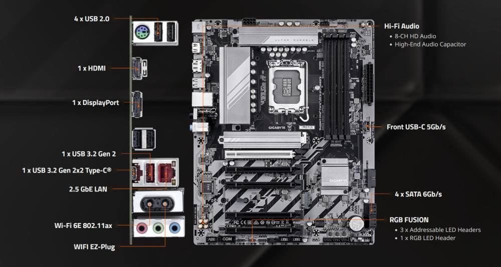 Дънна платка GIGABYTE B860 DS3H WIFI 6E, LGA1851, 4x DDR5, 2x M.2, 4x SATA 6Gb/s, Wi-Fi 6E, BLUETOOTH 5.3, HDMI, DP. ATX