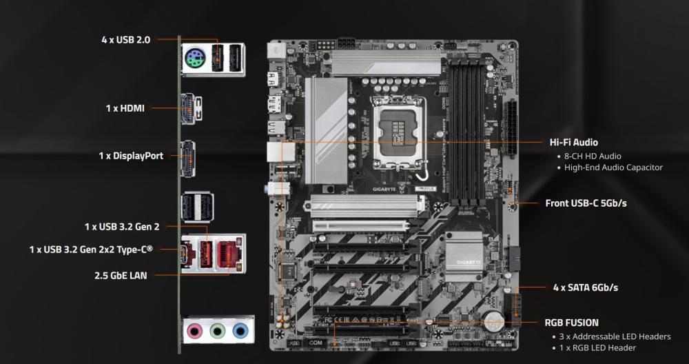 Дънна платка GIGABYTE B860 DS3H, LGA1851, 4x DDR5, 2x M.2, 4x SATA 6Gb/s, HDMI, DP. ATX