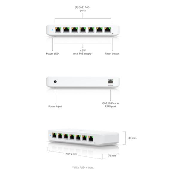 Суич Ubiquiti USW-Ultra Layer 2, 8-портов GbE PoE, 7x GbE PoE+ output ports, 1 xGbE PoE++ input port