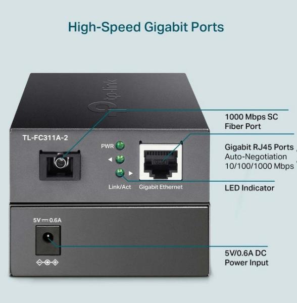 Медиа конвертор TP-Link TL-FC311A-2 WDM Media Converter, 1x 10/100/1000 Mbps RJ45 Port (Auto MDI/MDIX), 1x Gigabit SC Fiber Port