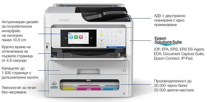Мастилоструйно многофункционално устройство EPSON WorkForce Pro EM-C800RDWF Inkjet, цветно, принтер/копир/скенер/факс, ADF, 4800 x 1200 dpi, 34 стр/мин, А4, Wireless, LAN, USB