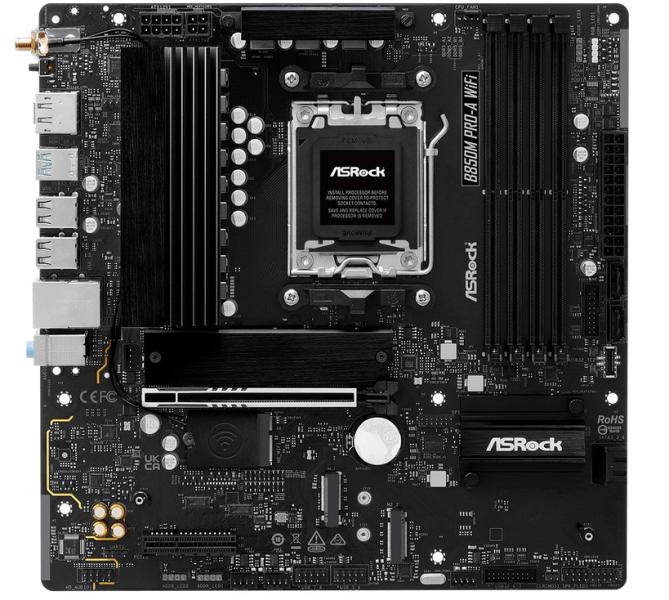 Дънна платка ASROCK B850M PRO-A WiFi, B850, AM5, DDR5, PCI-E 5.0, 4x SATA 6Gb/s, 3x M.2, HDMI, DP, Micro ATX
