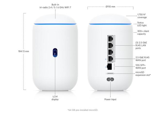 Рутер Ubiquiti UniFi UDR7, WiFi 7, LAN: 4 (1 PoE) (2.5G/1G/100M/10M) / 1 (10G/1G), WAN: (1) 10G SFP+ / (1) 2.5 GbE RJ45