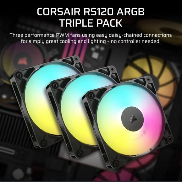 Комплект вентилатори CORSAIR RS120 ARGB, 3x 120mm ARGB Fan, 4-pin PWM, Triple Pack
