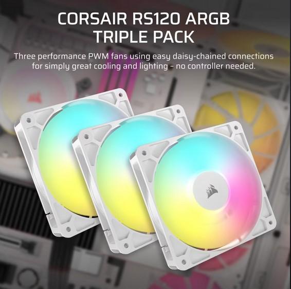 Комплект вентилатори CORSAIR RS120 ARGB White, 3x 120mm ARGB Fan, 4-pin PWM, Triple Pack