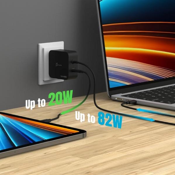 Зарядно j5create JUP25102V  GaN 102W, 2x USB Type-C - за лаптопи, таблети, телефони